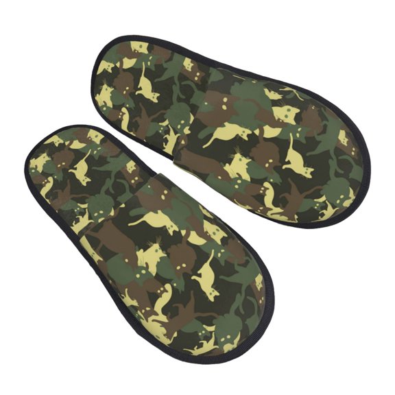 House Slippers for Women Men - Cool Cat Green Camouflage Lightweight House Shoes Fuzzy Slippers, Soft Slip-On Cozy House Slippers for Woman Indoor Outdoor