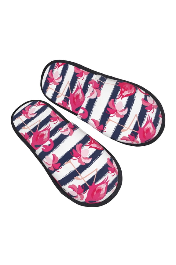 House Slippers for Women Men - Dark Blue Stripes Flamingos Lightweight House Shoes Fuzzy Slippers, Soft Slip-On Cozy House Slippers for Woman Indoor Outdoor
