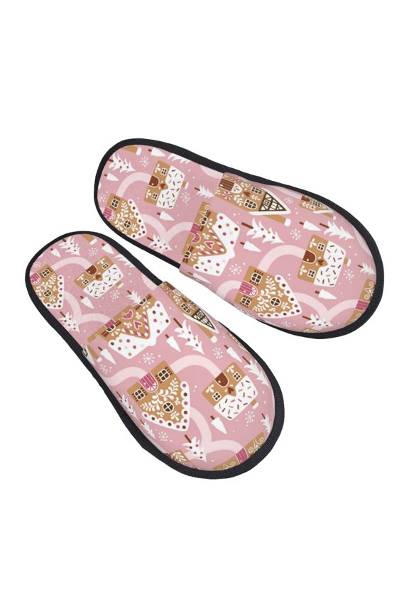 House Slippers for Women Men - Gingerbread Houses Pink Wonderland Lightweight House Shoes Fuzzy Slippers, Soft Slip-On Cozy House Slippers for Woman Indoor Outdoor
