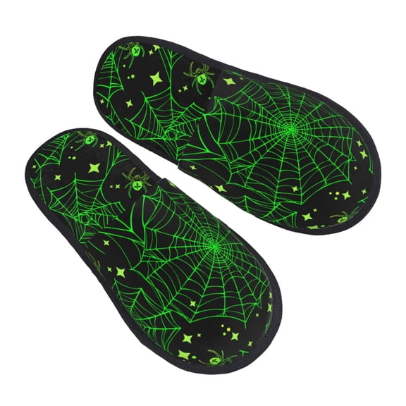House Slippers for Women Men - Green Bright Web with Spiders Lightweight House Shoes Fuzzy Slippers, Soft Slip-On Cozy House Slippers for Woman Indoor Outdoor