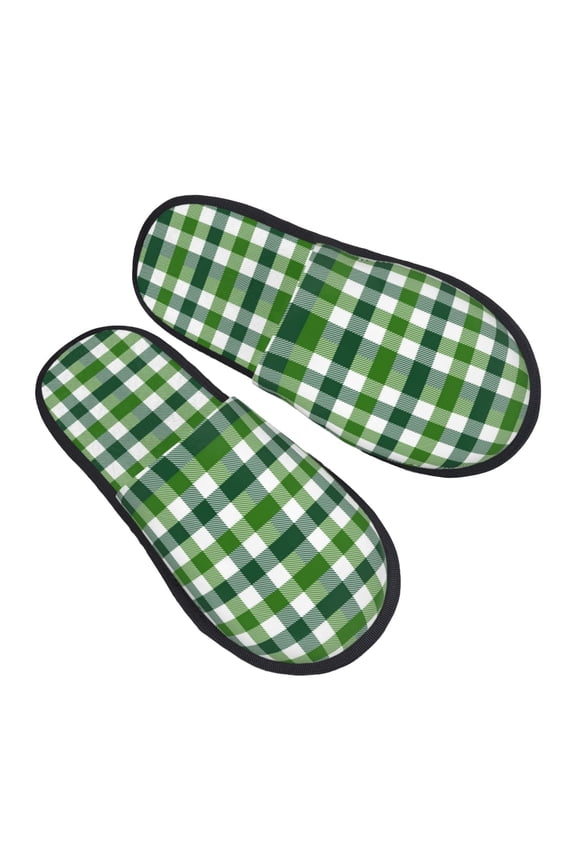 House Slippers for Women Men - Green Gingham plaid Checkered Lightweight House Shoes Fuzzy Slippers, Soft Slip-On Cozy House Slippers for Woman Indoor Outdoor