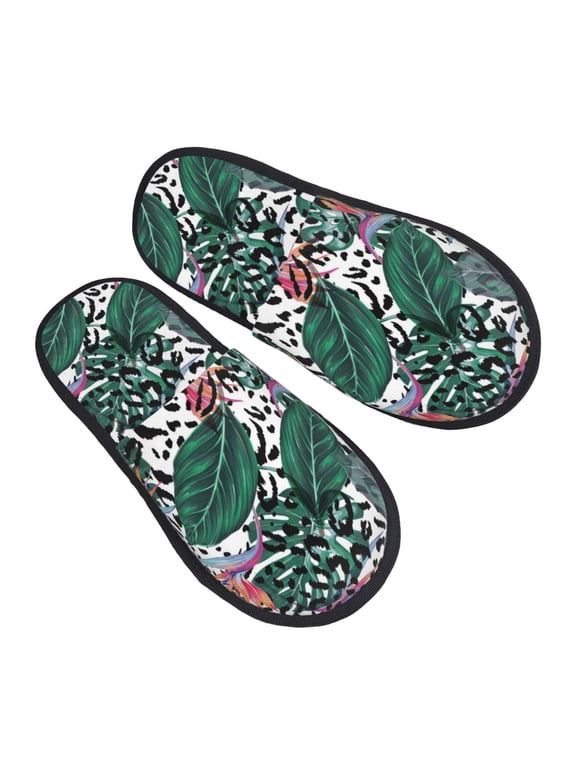 House Slippers for Women Men - Hawaiian Style Green Leaves Lightweight House Shoes Fuzzy Slippers, Soft Slip-On Cozy House Slippers for Woman Indoor Outdoor