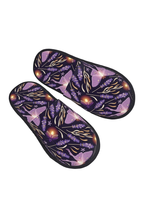 House Slippers for Women Men - Lavender Flowers Glowing Butterfly Lightweight House Shoes Fuzzy Slippers, Soft Slip-On Cozy House Slippers for Woman Indoor Outdoor
