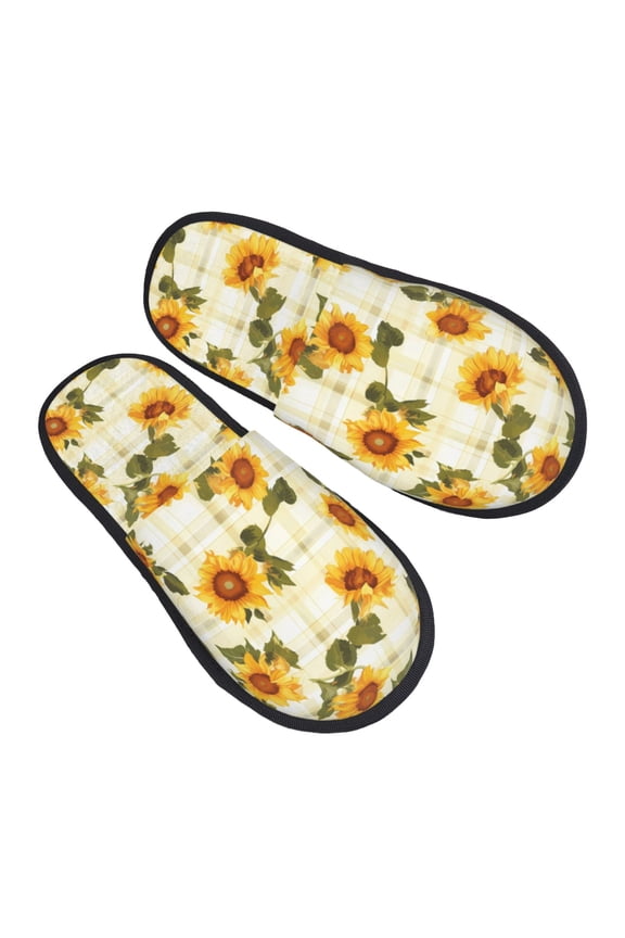 House Slippers for Women Men - Light Green Plaid Sunflower Lightweight House Shoes Fuzzy Slippers, Soft Slip-On Cozy House Slippers for Woman Indoor Outdoor