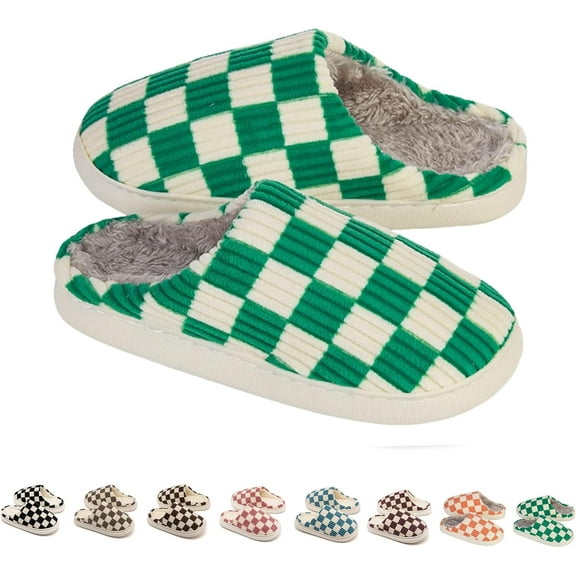 House Slippers for Women Men, Mens Slippers on Fuzzy House Slippers Memory Foam Checkered Slippers Scuff Outdoor Indoor Warm Plush Bedroom Shoes with Faux Fur Lining
