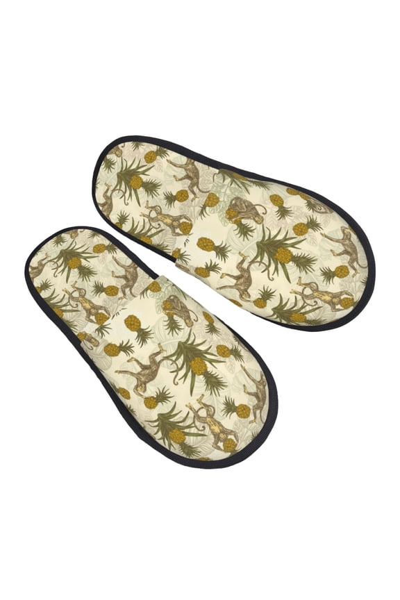 House Slippers for Women Men - Monkeys and Pinealpples Lightweight House Shoes Fuzzy Slippers, Soft Slip-On Cozy House Slippers for Woman Indoor Outdoor
