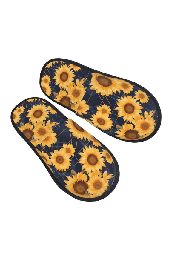 House Slippers for Women Men - Navy Blue Plaid Sunflower Lightweight House Shoes Fuzzy Slippers, Soft Slip-On Cozy House Slippers for Woman Indoor Outdoor