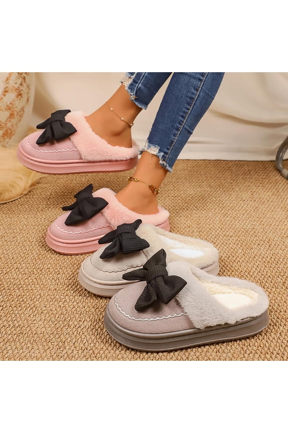 House Slippers Women Men Non-Slip Slip-on Round Toe Flats Casual Versatile Bow Fall Winter Outdoor Indoor Warm Slippers Home Slippers