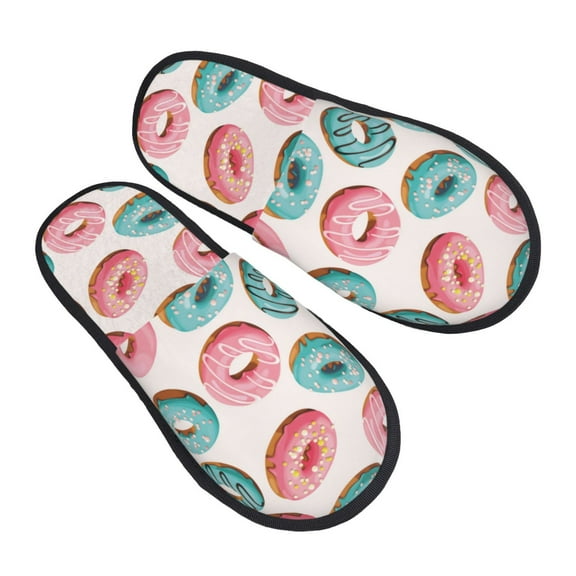 House Slippers for Women Men - Pink Blue Donut Print Lightweight House Shoes Fuzzy Slippers, Soft Slip-On Cozy House Slippers for Woman Indoor Outdoor