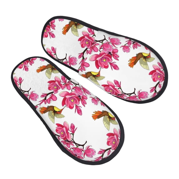 House Slippers for Women Men - Pink Magnolia Hummingbird Lightweight House Shoes Fuzzy Slippers, Soft Slip-On Cozy House Slippers for Woman Indoor Outdoor