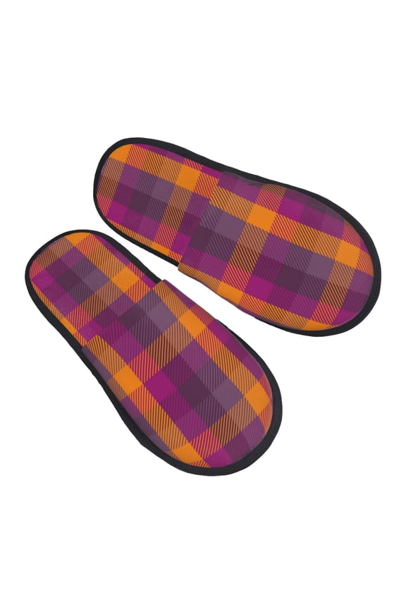 House Slippers for Women Men - Purple Yellow Buffalo Plaid Lightweight House Shoes Fuzzy Slippers, Soft Slip-On Cozy House Slippers for Woman Indoor Outdoor