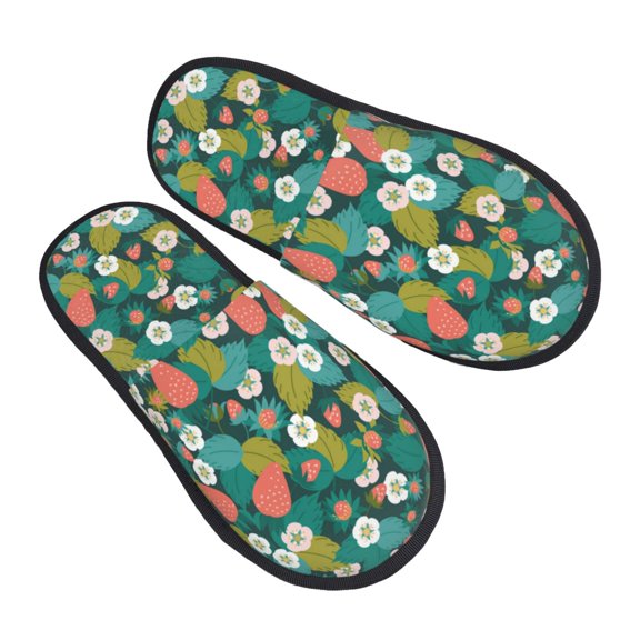 House Slippers for Women Men - Red berries green leaves white flowers Lightweight House Shoes Fuzzy Slippers, Soft Slip-On Cozy House Slippers for Woman Indoor Outdoor