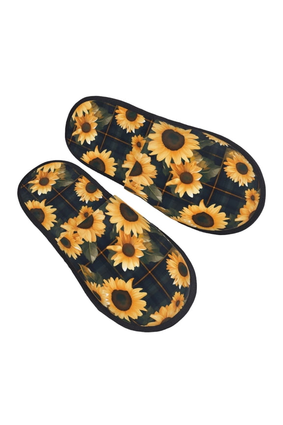 House Slippers for Women Men - Scottish Blue Plaid Sunflower Lightweight House Shoes Fuzzy Slippers, Soft Slip-On Cozy House Slippers for Woman Indoor Outdoor