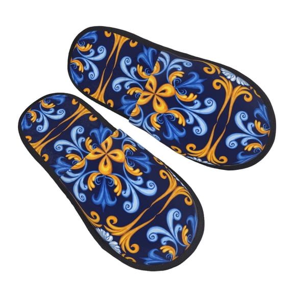 House Slippers for Women Men - Sicilian blue pattern Moroccan style Lightweight House Shoes Fuzzy Slippers, Soft Slip-On Cozy House Slippers for Woman Indoor Outdoor