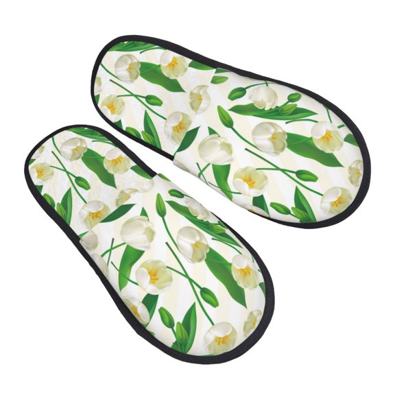 House Slippers for Women Men - Tulips Flowers Leaves Lightweight House Shoes Fuzzy Slippers, Soft Slip-On Cozy House Slippers for Woman Indoor Outdoor