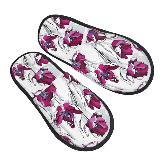 House Slippers for Women Men - Tulips Flowers White Leaves Lightweight House Shoes Fuzzy Slippers, Soft Slip-On Cozy House Slippers for Woman Indoor Outdoor