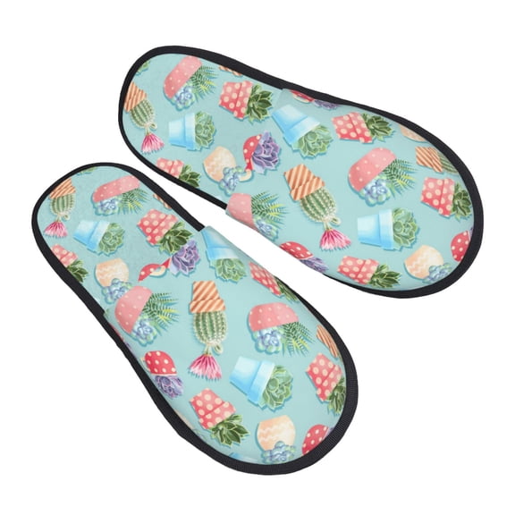 House Slippers for Women Men - blue Cactus potted plant Lightweight House Shoes Fuzzy Slippers, Soft Slip-On Cozy House Slippers for Woman Indoor Outdoor