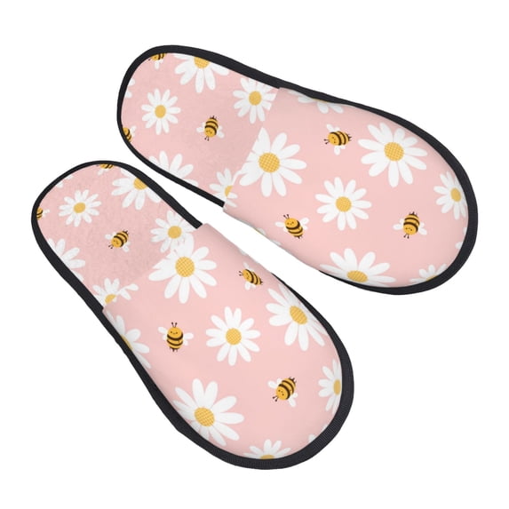 House Slippers for Women Men - daisy flower bee cartoons pink Lightweight House Shoes Fuzzy Slippers, Soft Slip-On Cozy House Slippers for Woman Indoor Outdoor
