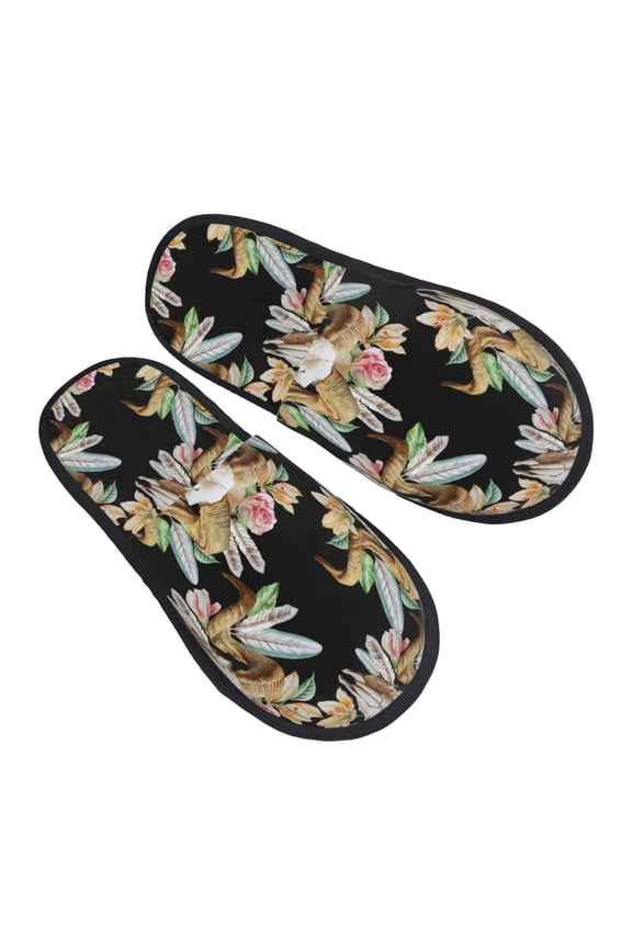 House Slippers for Women Men - goat skull flowers feather vintage Lightweight House Shoes Fuzzy Slippers, Soft Slip-On Cozy House Slippers for Woman Indoor Outdoor