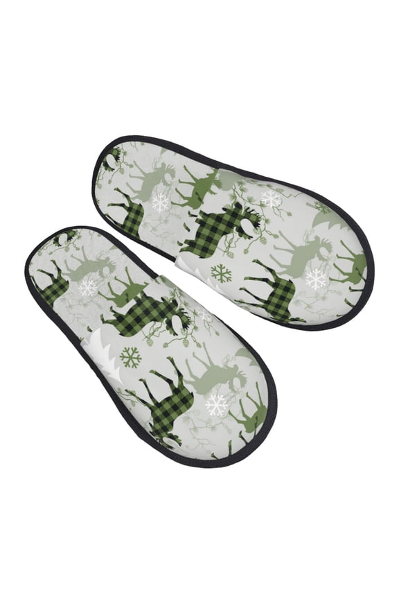 House Slippers for Women Men - green plaid Moose tree Lightweight House Shoes Fuzzy Slippers, Soft Slip-On Cozy House Slippers for Woman Indoor Outdoor