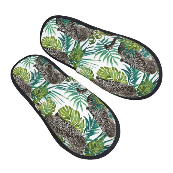 House Slippers for Women Men - leopard green tropical leaves Lightweight House Shoes Fuzzy Slippers, Soft Slip-On Cozy House Slippers for Woman Indoor Outdoor