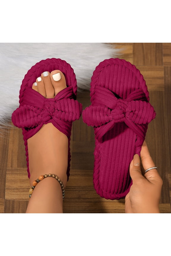 House Slippers for Women Slippers for Women Indoor Slippers for Women Memory Foam Women's Orthopedic Arch Support Open Toe House Bedroom Corduroy Bow Crossbands Slide House Slippers, Deep Red-6.5