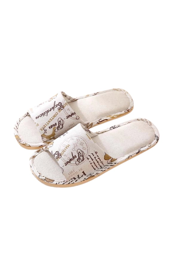 House Slippers Womens Open Toe Memory Foam Washable Non-Slip Scuff Linen Printing Slippers Cute Comfy Classic Japanese Slip On Autumn Winter Bedroom Indoor Outdoor Slide Coffee 44