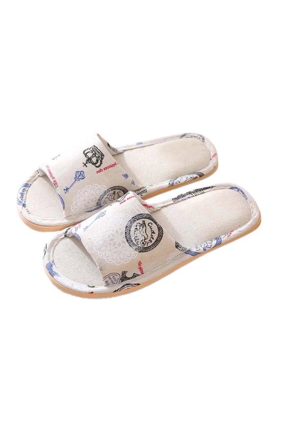 House Slippers Womens Open Toe Memory Foam Washable Non-Slip Scuff Linen Printing Slippers Cute Comfy Classic Japanese Slip On Autumn Winter Bedroom Indoor Outdoor Slide Blue 44