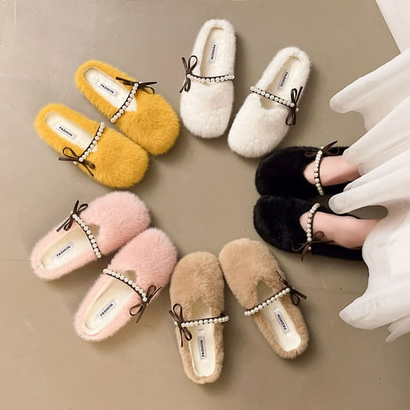 House Slippers for Woman Casual Slip-on Fleece Flat Slippers Indoor Home Round Toe Fall Winter Trendy Warm Shoes