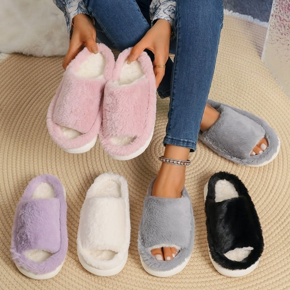 House Slippers for Woman Flat Heel Open Toe Casual Home Indoor Outdoor Slides Slippers Winter Fleece-Lined Shoes for Women Black 5.5