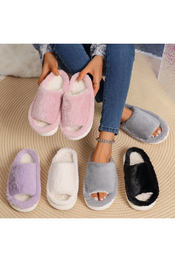 House Slippers for Woman Flat Heel Open Toe Casual Home Indoor Outdoor Slides Slippers Winter Fleece-Lined Shoes for Women Gray 5.5