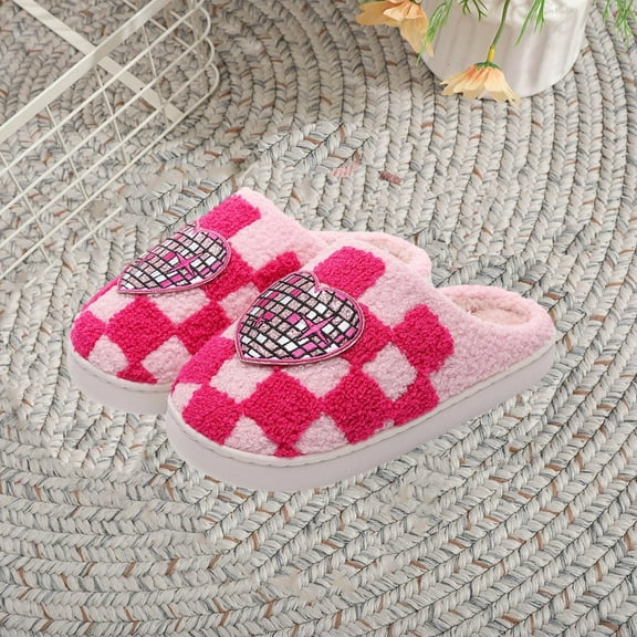 House Slippers for Woman Valentine's Day Women Slip on Fuzzy Casual Winter House Slippers Outdoor Indoor Warm Bedroom Slide Shoes