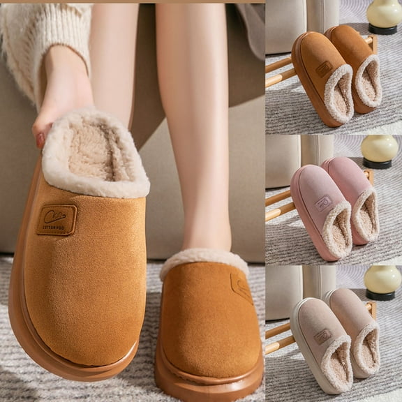 House Slippers for Woman Winter Thick Heel Close Toe Slip-on Outdoor Indoor House Slipper Winter Warm Home Shoes for Women Beige 6.5