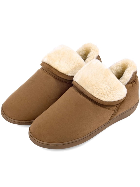 House Slippers for Women Cozy Plush Fleece Bootie Memory Foam House Shoes Boots with Nonslip Sole, Tan, Size 7-8