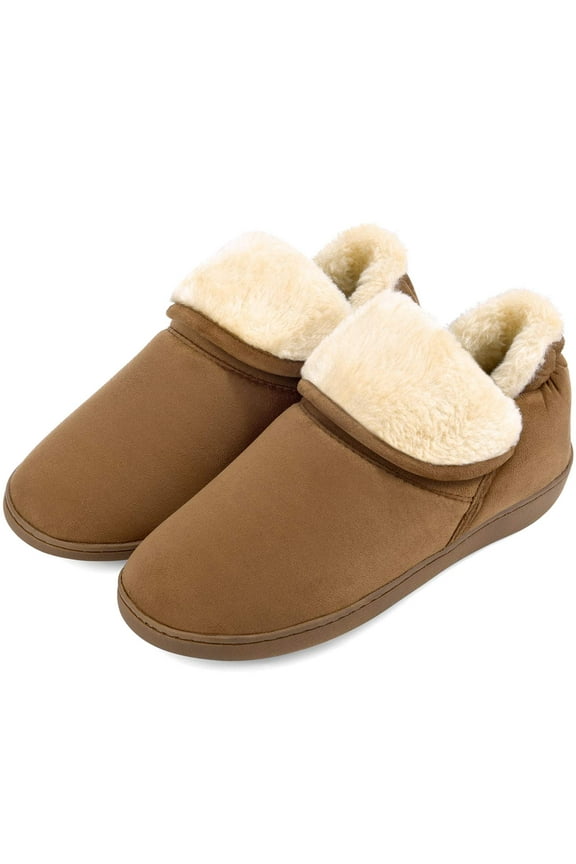 House Slippers for Women Cozy Plush Fleece Bootie Memory Foam House Shoes Boots with Nonslip Sole, Tan, Size 7-8