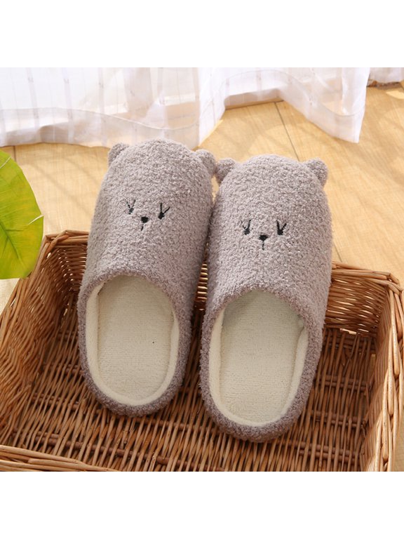House Slippers for Women, Cute Bear Fuzzy Plush Slippers, Soft Memory Foam Non Slip Silent Indoor Clog Shoes