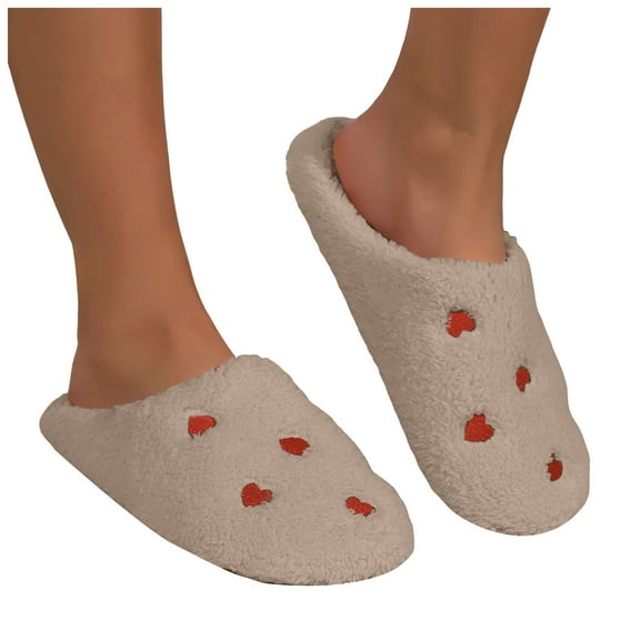 House Slippers for Women Cute Heart Embroidery Plush Comfy Memory Foam Soft Sole Indoor Nonslip Winter Slip on Shoes Khaki Size 8.5