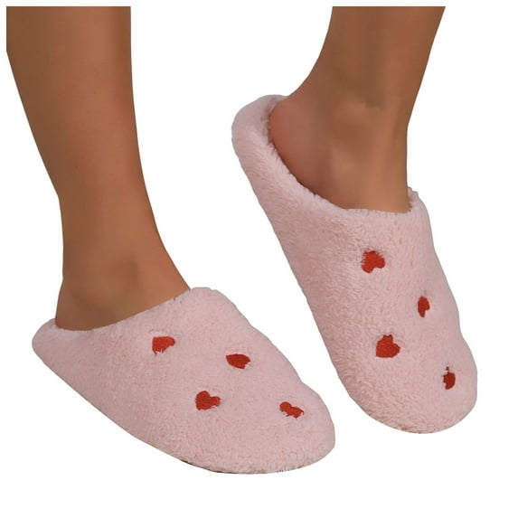 House Slippers for Women Cute Heart Embroidery Plush Comfy Memory Foam Soft Sole Indoor Nonslip Winter Slip on Shoes Pink Size 7.5