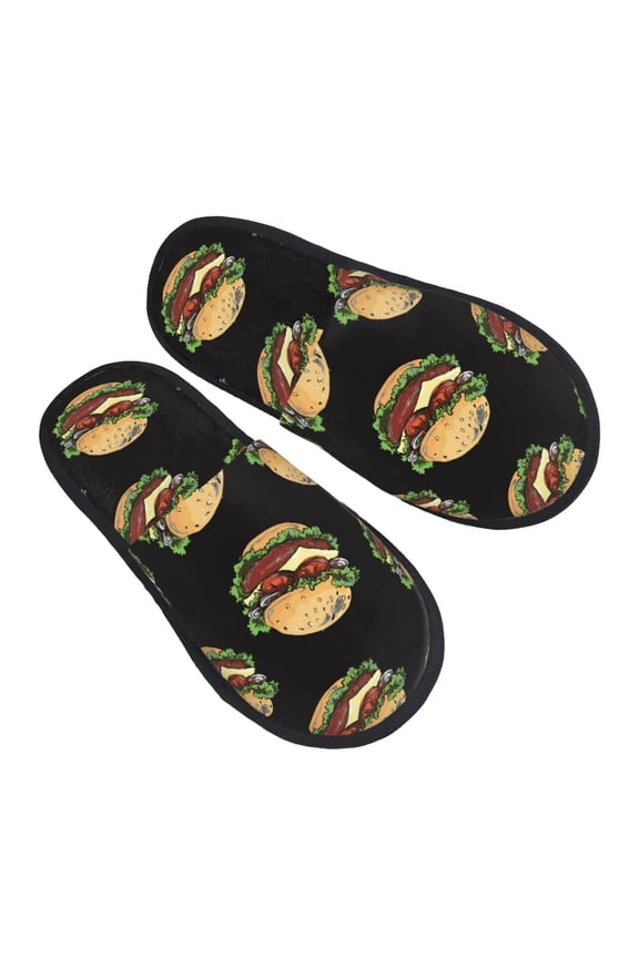House Slippers for Women Men - Cute Hamburger Black Lightweight House Shoes Fuzzy Slippers, Soft Slip-On Cozy House Slippers for Woman Indoor Outdoor