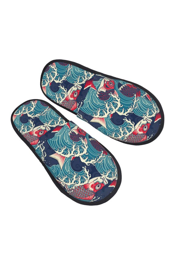 House Slippers for Women Men - Fish In The Wave Lightweight House Shoes Fuzzy Slippers, Soft Slip-On Cozy House Slippers for Woman Indoor Outdoor
