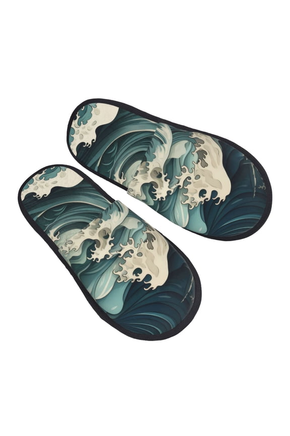 House Slippers for Women Men - Sea Waves Art Lightweight House Shoes Fuzzy Slippers, Soft Slip-On Cozy House Slippers for Woman Indoor Outdoor