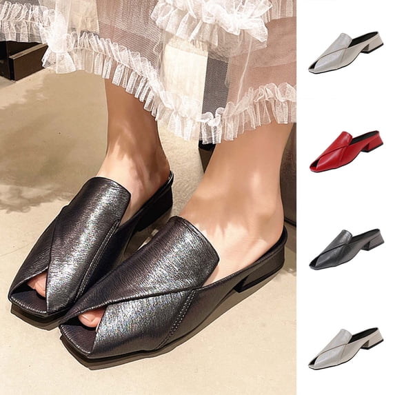 House Slippers for Women Ndbuld Women's Fashionable Casual Indoor And Outdoor Versatile Mules Plus Size Peep-Toe Low-Heeled Slippers