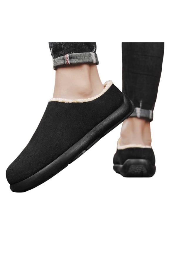 House Slippers for Women Suede Fuzzy Lined Winter Casual Slip on Mules Clogs Round Toe Platform Soft Sole Walking Shoes Black Size 10