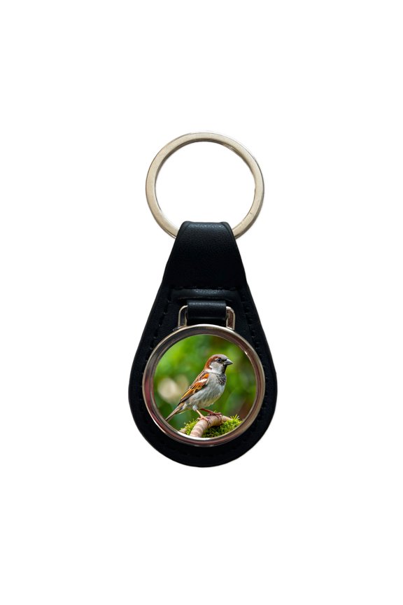 House Sparrow Backyard Bird Metal Black Leather Keychain