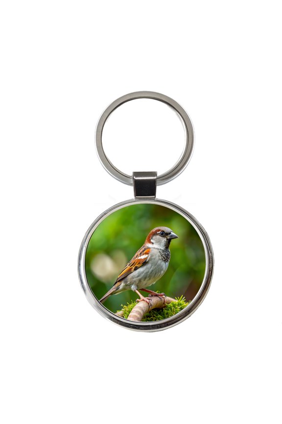 House Sparrow Backyard Bird Metal Round Keychain