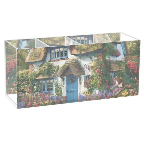 House Squirrels Flower Acrylic Pencil Pen Holder Cup 4 Compartments Desktop Organiser 7.87"x2.78"x3.54"