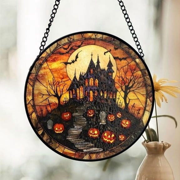 House Stained Glass Suncatcher, Spooky Pumpkin Path Design, Halloween Decor Accent