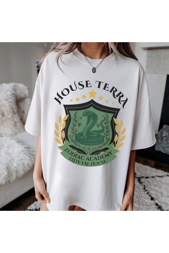 House Terra Zodiac Academy T-shirt, Snake Crest Graphic Tee Fantasy Academy Emblem Earth Element Symbol Aesthetic Book Series Inspired Unisex Cotton T-Shirt, Size S-5XL