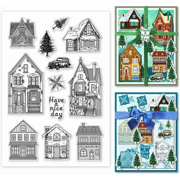 House Theme Clear Stamps Set 12pcs Retro Style Rubber Stamp for Scrapbooking Cabins Pine Tree Transparent Stamps for Card Making Silicone Clear Stamps for Album Photo Decoration Plastic