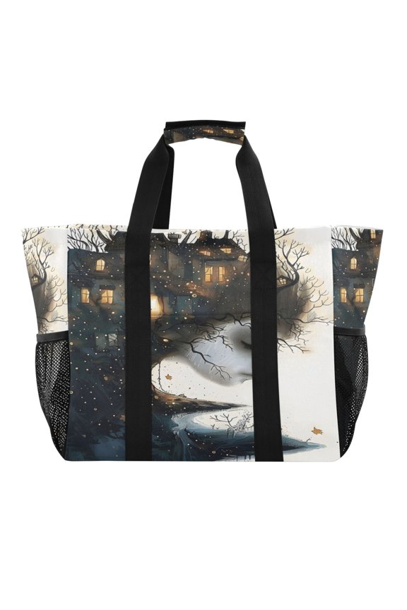 House Tree Girl Face Reusable Grocery Bags with Handle Side Pocket Waterproof Shopping Portable Tote